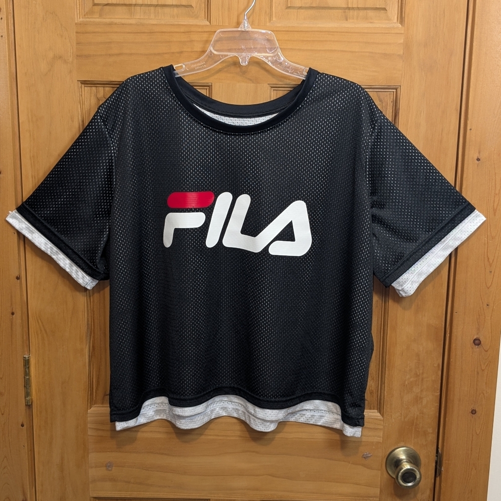 Fila Womens 2X Michelle Crop Tee Black White Mesh Graphic Short Sleeve  Loose